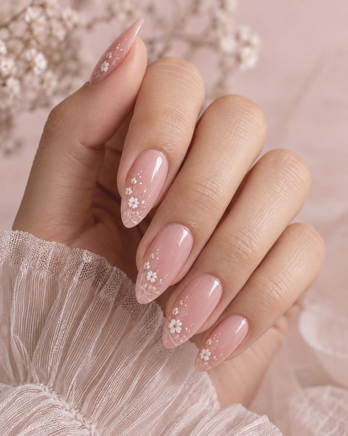 Zartrosa Nägel mit filigranen weißen Blüten