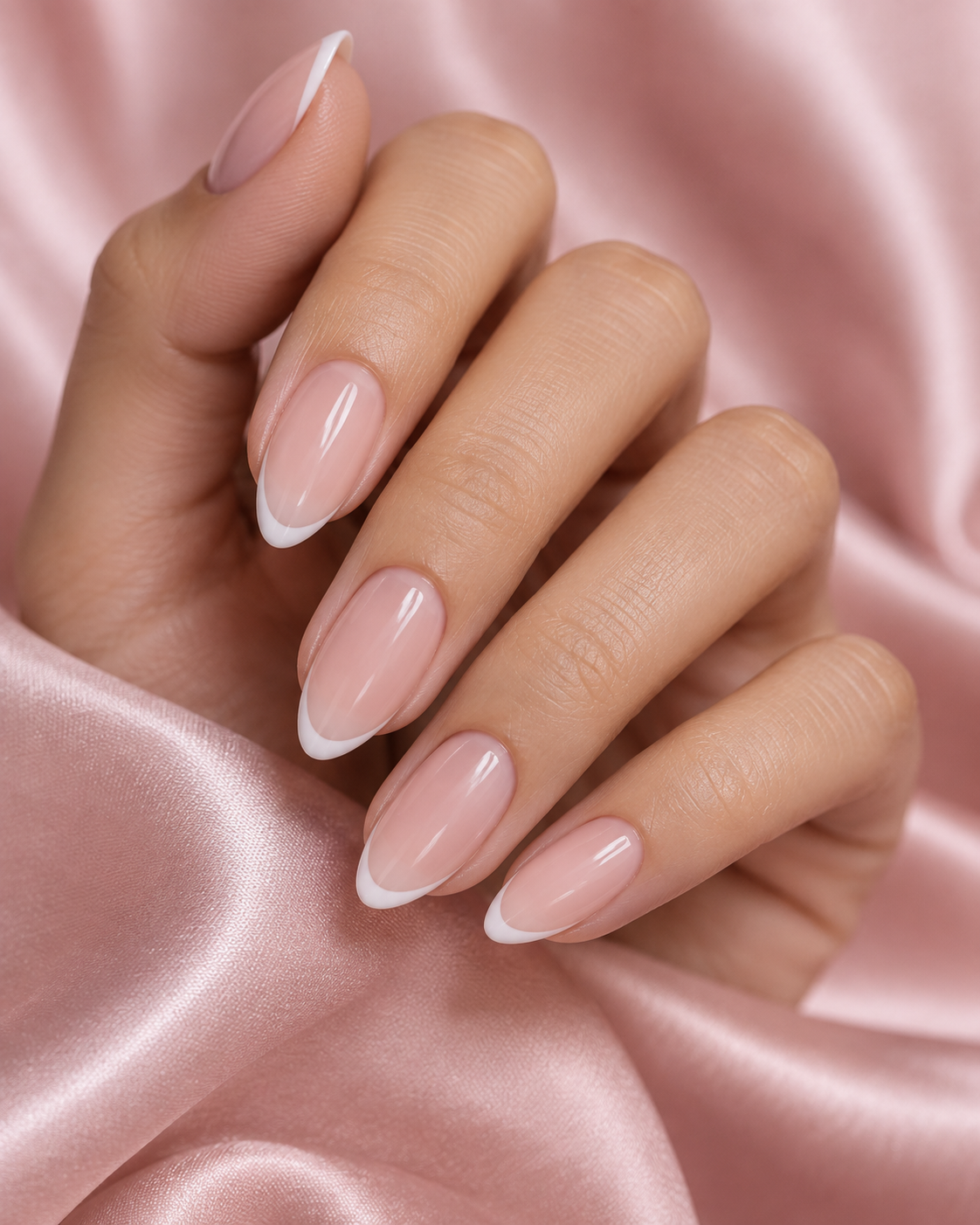 Elegant posierte Hand mit glänzenden roséfarbenen French Nails auf rosa Satin